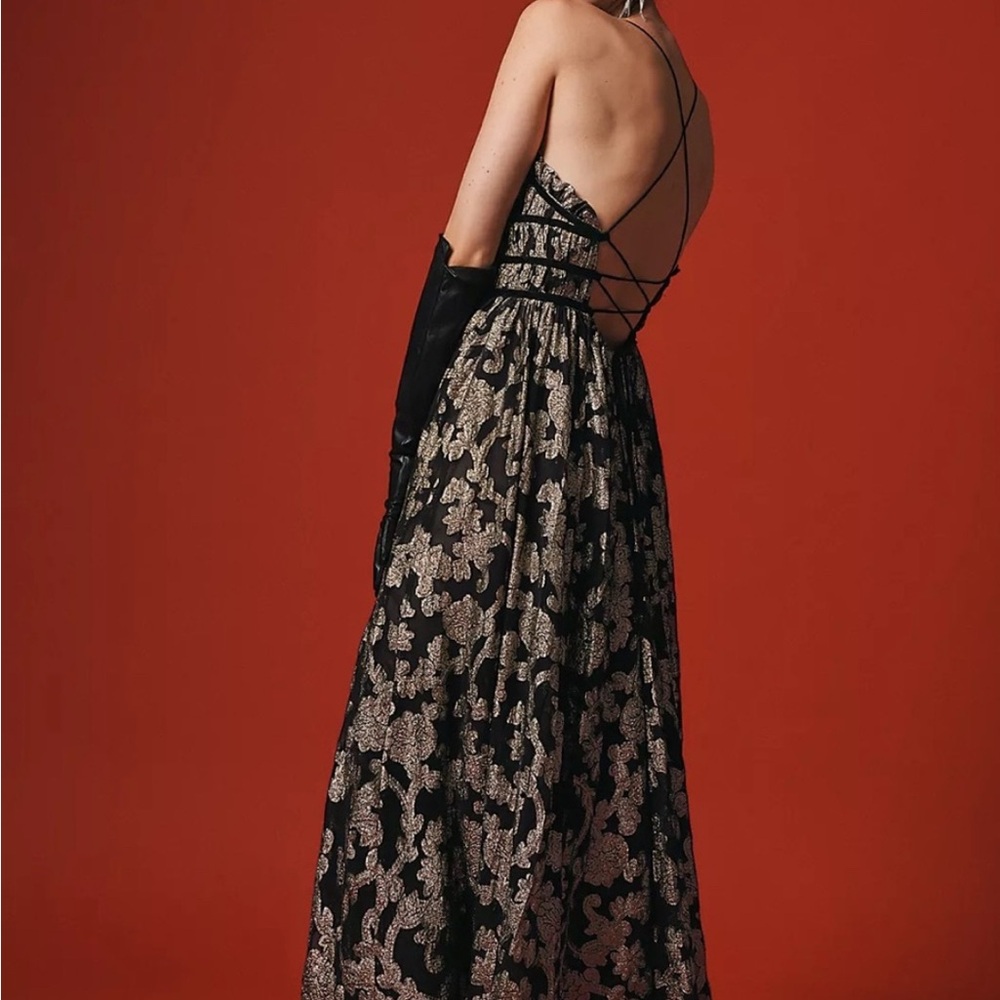 Free People Charlie Bustier Metallic Velvet Ribbon Strappy Open Back Maxi Gown L - Picture 2 of 7
